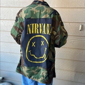Nirvana  Camo Military Jacket Upcycled Unisex XL X-large Handmade